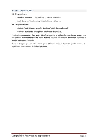 Comptabilité Analytique d’Exploitation Page 71
2. LA NATURE DES COÛTS
2.1. Charges directes
- Matières premières : Coût préétabli x Quantité nécessaire.
- Main d'œuvre : Taux horaire préétabli x Nombre d'heures.
2.2. Charges indirectes
- Coût de l'unité d'œuvre (c.u.o.) x Nombre d'unités d'œuvre (n.u.o.)
- L'activité d'un centre est exprimée en unités d'œuvre (u.o.)
L’estimation des dépenses d’un centre d’analyse constitue le budget du centre (ou du service) pour
une certaine activité exprimée en unités d’œuvre ou pour une certaine production exprimée en
nombre de produits fabriqués.
Plusieurs budgets peuvent être établis pour différents niveaux d’activités prédéterminés. Ces
hypothèses sont qualifiées de budgets flexibles.
 