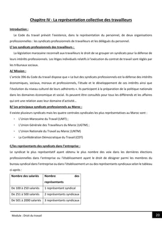 20
Module : Droit du travail
Chapitre IV - La représentation collective des travailleurs
Introduction :
Le Code du travail prévoit l’existence, dans la représentation du personnel, de deux organisations
professionnelles : les syndicats professionnels de travailleurs et les délégués du personnel.
I/ Les syndicats professionnels des travailleurs :
La législation marocaine reconnaît aux travailleurs le droit de se grouper en syndicats pour la défense de
leurs intérêts professionnels. Les litiges individuels relatifs à l'exécution du contrat de travail sont réglés par
les tribunaux sociaux.
A/ Mission :
L’article 396 du Code du travail dispose que « Le but des syndicats professionnels est la défense des intérêts
économiques, sociaux, moraux et professionnels, l’étude et le développement de ces intérêts ainsi que
l’évolution du niveau culturel de leurs adhérents ». Ils participent à la préparation de la politique nationale
dans les domaines économique et social. Ils peuvent être consultés pour tous les différends et les affaires
qui ont une relation avec leur domaine d’activité…
B/ Les principaux syndicats professionnels au Maroc :
Il existe plusieurs syndicats mais les quatre centrales syndicales les plus représentatives au Maroc sont :
- L’Union Marocaine du Travail (UMT) ;
- L’Union Générale des Travailleurs du Maroc (UGTM) ;
- L’Union Nationale du Travail au Maroc (UNTM)
- La Confédération Démocratique du Travail (CDT)
C/les représentants des syndicats dans l’entreprise :
Le syndicat le plus représentatif ayant obtenu le plus nombre des voix dans les dernières élections
professionnelles dans l’entreprise ou l’établissement ayant le droit de désigner parmi les membres du
bureau syndical dans l’entreprise ou dans l’établissement un ou des représentants syndicaux selon le tableau
ci-après :
Nombre des salariés Nombre des
représentants
De 100 à 250 salariés 1 représentant syndical
De 251 à 500 salariés 2 représentants syndicaux
De 501 à 2000 salariés 3 représentants syndicaux
 