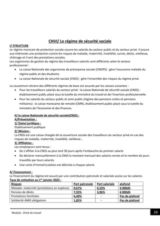 24
Module : Droit du travail
CHVI/ Le régime de sécurité sociale
I/ STRUCTURE
Le régime marocain de protection sociale couvre les salariés du secteur public et du secteur privé. Il assure
aux intéressés une protection contre les risques de maladie, maternité, invalidité, survie, décès, vieillesse,
chômage et il sert des prestations sociales.
Les organismes de gestion du régime des travailleurs salariés sont différents selon le secteur
professionnel :
 La caisse Nationale des organismes de prévoyance sociale (CNOPS) : gère l’assurance maladie du
régime public et des étudiants.
 La caisse Nationale de sécurité sociale (CNSS) : gère l’ensemble des risques du régime privé.
La couverture retraire des différents régimes de base est assurée par les caisses suivantes :
 Pour les travailleurs salariés du secteur privé : la caisse Nationale de sécurité sociale (CNSS) :
établissement public placé sous la tutelle du ministère du travail et de l’insertion professionnelle.
 Pour les salariés du secteur public et semi public (régime des pensions civiles et pensions
militaires) : la caisse marocaine de retraite (CMR), établissement public placé sous la tutelle du
ministère de l’économie et des finances.
II/ la caisse Nationale de sécurité sociale(CNSS) :
A/Présentation :
1/ Statut juridique :
Etablissement publique
2/ Mission :
La CNSS est une caisse chargée de la couverture sociale des travailleurs du secteur privé en cas des
risques de maladie, maternité, invalidité, vieillesse…
3/ Affiliation :
Les employeurs sont tenus :
 De s’affilier à la CNSS au plus tard 30 jours après l’embauche du premier salarié.
 De déclarer mensuellement à la CNSS le montant mensuel des salaires versés et le nombre de jours
travaillés par leurs salariés.
 Une carte d’immatriculation est délivrée à chaque salarié.
4/ Financement :
Le financement du régime est assuré par une contribution patronale et salariale assise sur les salaires
Taux de cotisation au 1er janvier 2022 :
Risques Part patronale Part salariale plafond
Maladie- maternité (prestations en espèces) 0,67% 0,33% 6 000dh
Pension de décès 7,93% 3,96% 6 000dh
Prestations familiales 6,40% - Pas de plafond
Solidarité AMO obligatoire 1,85% - Pas de plafond
 