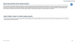 We cannot provide a reconciliation of the differences between the non-GAAP expectations and corresponding GAAP measure for Adjusted EPS* in 2022 without unreasonable effort due to the uncertainty of
timing of any gains or losses related to acquisitions & dispositions, the timing and magnitude of the financial impact related to the mark-to-market of our remaining investment in AerCap and Baker Hughes,
and the timing and magnitude of restructuring expenses. Although we have attempted to estimate the amount of gains and restructuring charges for the purpose of explaining the probable significance of
these components, this calculation involves a number of unknown variables, resulting in a GAAP range that we believe is too large and variable to be meaningful.
2022 ADJUSTED EPS (NON-GAAP)
* Non-GAAP Financial Measure 101
We cannot provide a reconciliation of the differences between the non-GAAP expectations and corresponding GAAP measure for free cash flows* in 2022 without unreasonable effort due to the uncertainty of
timing of deal taxes related to business sales.
2022 FREE CASH FLOWS (NON-GAAP)
Source: March 2022, Investor Day
 