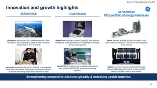 Digital launched Opus One Distributed Energy
Resource Management System to help keep the
electric grid safe, secure, and resilient
Innovation and growth highlights
15
Power secured an order for 9HA combined cycle
power plants in Vietnam – the first HA powered plant
in the country
Strengthening competitive positions globally & unlocking upside potential
HealthCare launched Voluson Expert 22, with artificial
intelligence powered ultrasound unlocking new imaging
and processing power
HealthCare & Medtronic are enabling personalized
care on the CARESCAPE precision monitoring
platform
Aerospace announced 200 CFM-International LEAP-
1B engines were selected by Delta Air Lines to power
its new fleet of 737-10 aircraft
Aerospace completed the world's first test of a megawatt-
class and multi-kilovolt hybrid electric propulsion system
at altitude simulating single-aisle commercial flight
GE VERNOVA
GE's portfolio of energy businesses
HEALTHCARE
AEROSPACE
Source: 2nd Quarter Earnings, July 2022
 