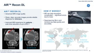 33
AIR™ Recon DL
~600
Global
installations
~1,000,000
estimated patients
scanned with AIR™
Recon DL*
>10
Published
journal articles
HOW IT WORKS?
• MR raw data acquisition
complicated ... significant errors
due to noise
• Deep-learning fills in and
corrects raw data quickly and
accurately
AIR™ RECON DL
• Advanced MRI image quality
• Sharp, clear, accurate images provide reliable
diagnosis for clinicians
• Improved MRI experience for patients …
scan time reduction of up to 50%-a)
Conventional
*calculated by IB data with estimation 20 scans per day, 5.5 working day in a week, fully start using AIR™ Recon DL 4 weeks after
delivery. (as of Jan 2022)
Not all products or features are available in all geographies
(a – GE HealthCare data on file
Source: March 2022, Investor Day
 