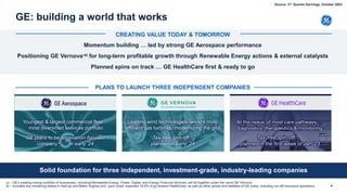 GE: building a world that works
4
Momentum building … led by strong GE Aerospace performance
Positioning GE Vernova-a) for long-term profitable growth through Renewable Energy actions & external catalysts
Planned spins on track … GE HealthCare first & ready to go
Solid foundation for three independent, investment-grade, industry-leading companies
Power - Received a Kindle Energy order to provide H-Class power
generation equipment for its expected 725MW natural gas-fired
Magnolia Power Plant
CREATING VALUE TODAY & TOMORROW
PLANS TO LAUNCH THREE INDEPENDENT COMPANIES
(a – GE's existing energy portfolio of businesses, including Renewable Energy, Power, Digital, and Energy Financial Services, will sit together under the name GE Vernova
(b – Includes any remaining stakes in AerCap and Baker Hughes and, upon close, expected 19.9% of go-forward HealthCare, as well as other assets and liabilities of GE today, including run-off Insurance operations
GE plans to be an aviation-focused
company-b) … in early '24
Youngest & largest commercial fleet ...
most diversified services portfolio
Tax-free spin-off...
planned in early ’24
Leading wind technologies, world's most
efficient gas turbines, modernizing the grid
Source: 3rd Quarter Earnings, October 2022
 