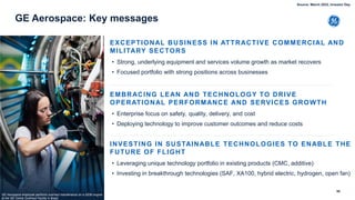 GE Aerospace: Key messages
58
EXCEPTIONAL BUSINESS IN ATTRACTIVE COMMERCIAL AND
MILITARY SECTORS
• Strong, underlying equipment and services volume growth as market recovers
• Focused portfolio with strong positions across businesses
EMBRACING LEAN AND TECHNOLOGY TO DRIVE
OPERATIONAL PERFORMANCE AND SERVICES GROWTH
• Enterprise focus on safety, quality, delivery, and cost
• Deploying technology to improve customer outcomes and reduce costs
INVESTING IN SUSTAINABLE TECHNOLOGIES TO ENABLE THE
FUTURE OF FLIGHT
• Leveraging unique technology portfolio in existing products (CMC, additive)
• Investing in breakthrough technologies (SAF, XA100, hybrid electric, hydrogen, open fan)
GE Aerospace employee performs overhaul maintenance on a GE90 engine
at the GE Celma Overhaul Facility in Brazil.
Source: March 2022, Investor Day
 