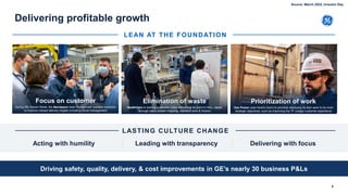 Delivering profitable growth
8
LASTING CULTURE CHANGE
Acting with humility Leading with transparency
LEAN AT THE FOUNDATION
Focus on customer
During GE Kaizen Week, the Aerospace team “trystormed” possible solutions
to improve missed delivery targets including visual management
Delivering with focus
Driving safety, quality, delivery, & cost improvements in GE’s nearly 30 business P&Ls
Elimination of waste
HealthCare is making production more efficient at its plant in Hino, Japan
through value stream mapping, standard work & Kaizen
Gas Power uses Hoshin Kanri to prioritize deploying its lean work to its most
strategic objectives, such as improving the 7F outage customer experience
Prioritization of work
Source: March 2022, Investor Day
 