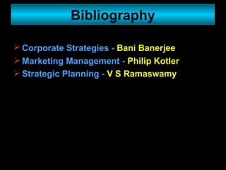 Corporate Strategies -  Bani Banerjee   Marketing Management -  Philip Kotler Strategic Planning -  V S Ramaswamy Bibliography 