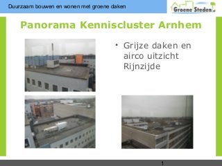 Duurzaam bouwen en wonen met groene daken


    Panorama Kenniscluster Arnhem
                                     • Grijze daken en
                                       airco uitzicht
                                       Rijnzijde




                                               1
 