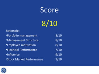 Score
                        8/10
Rationale:
•Portfolio management       8/10
•Management Structure       8/10
•Employee motivation        8/10
•Financial Performance      7/10
•Influence                  9/10
•Stock Market Performance   5/10
 
