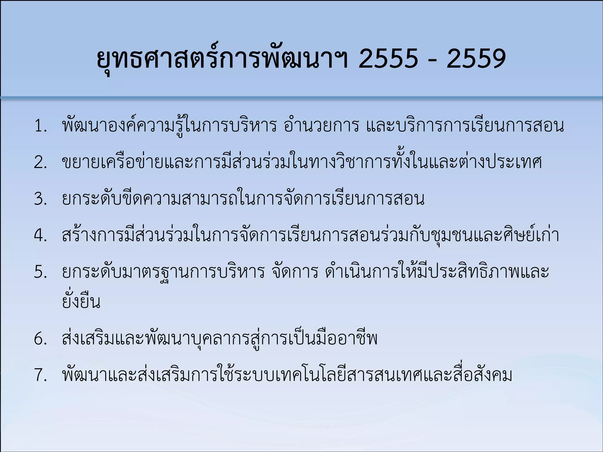 ยุทธศาสตร์การพัฒนาฯ 2555 - 2559
1.
2.
3.
4.
5.

พัฒนาองค์ความรู้ในการบริหาร อำนวยการ และบริการการเรียนการสอน
ขยายเครือข่ายและการมีส่วนร่วมในทางวิชาการทั้งในและต่างประเทศ
ยกระดับขีดความสามารถในการจัดการเรียนการสอน
สร้างการมีส่วนร่วมในการจัดการเรียนการสอนร่วมกับชุมชนและศิษย์เก่า
ยกระดับมาตรฐานการบริหาร จัดการ ดำเนินการให้มีประสิทธิภาพและ
ยั่งยืน
6. ส่งเสริมและพัฒนาบุคลากรสู่การเป็นมืออาชีพ
7. พัฒนาและส่งเสริมการใช้ระบบเทคโนโลยีสารสนเทศและสื่อสังคม

 
