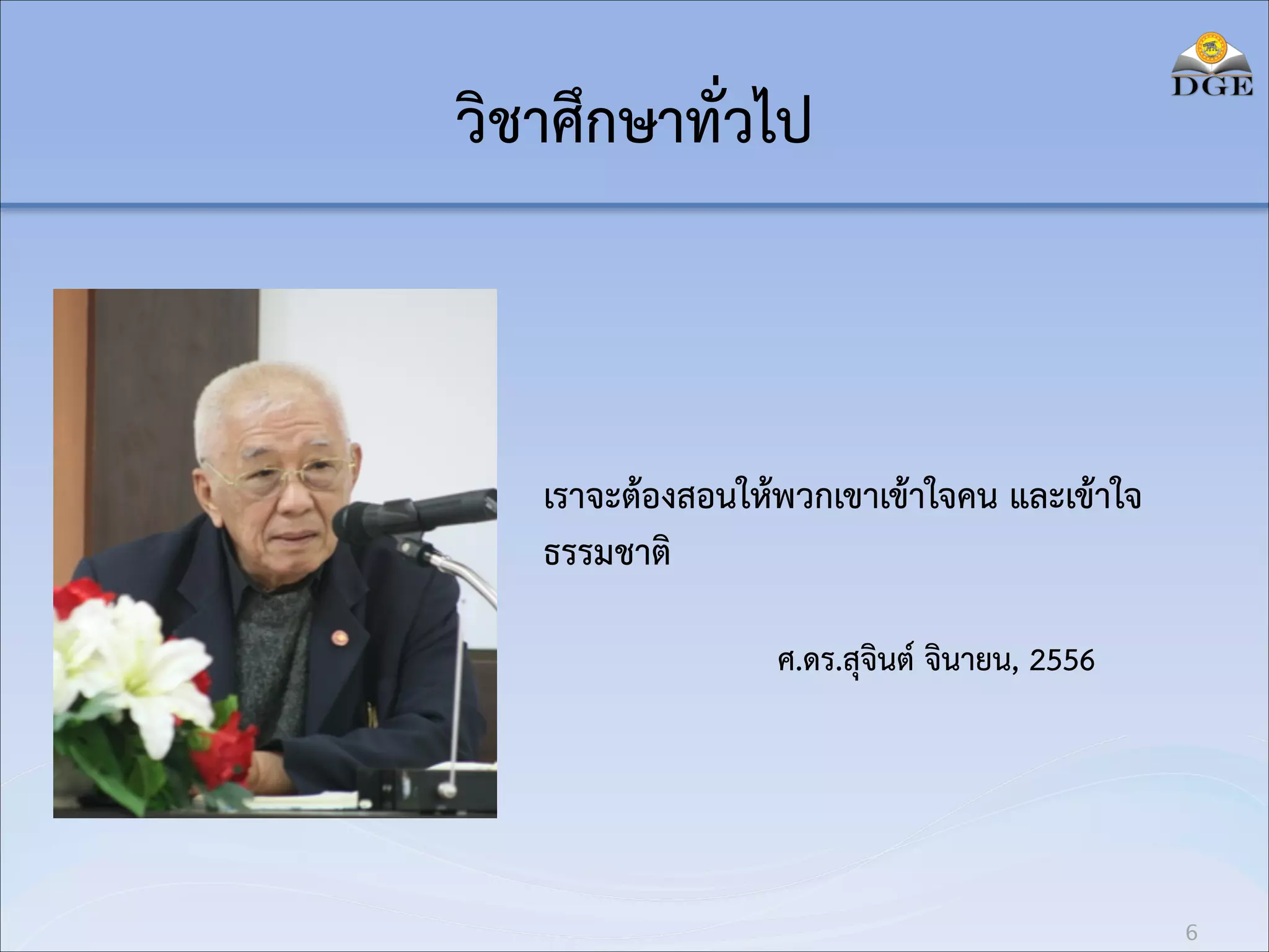 วิชาศึกษาทั่วไป

เราจะต้องสอนให้พวกเขาเข้าใจคน และเข้าใจ
ธรรมชาติ
ศ.ดร.สุจินต์ จินายน, 2556

6

 