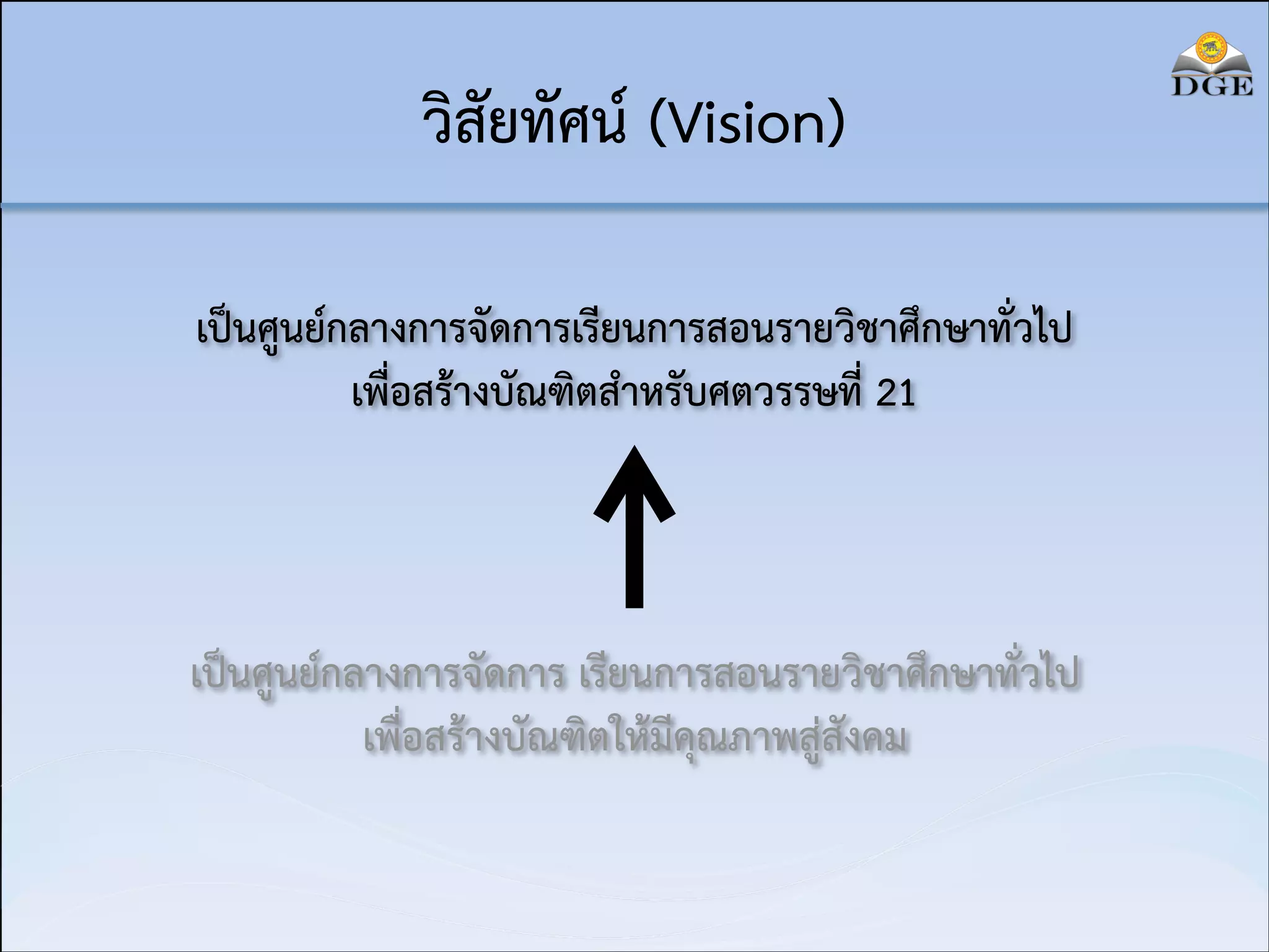 วิสัยทัศน์ (Vision)
เป็นศูนย์กลางการจัดการเรียนการสอนรายวิชาศึกษาทั่วไป
เพื่อสร้างบัณฑิตสำหรับศตวรรษที่ 21

เป็นศูนย์กลางการจัดการ เรียนการสอนรายวิชาศึกษาทั่วไป
เพื่อสร้างบัณฑิตให้มีคุณภาพสู่สังคม

 