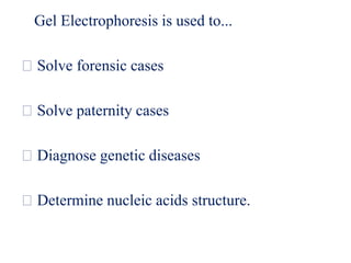 Gel Electrophoresis is used to...
Solve forensic cases
Solve paternity cases
Diagnose genetic diseases
Determine nucleic acids structure.
 