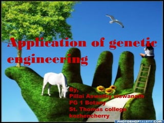 Application of genetic
engineering
By,
Pillai Aswathy viswanath
PG 1 Botany
St. Thomas college
kozhencherry
 