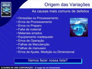 ALQUIMIA DE UMA CORPORAÇÃO – A magia de um treinamento
• Omissões no Processamento
• Erros de Processamento
• Erros no Preparo
• Falta de material
• Materiais errados
• Equipamento inadequado
• Erros de Operação
• Erros de Ajuste, Medição ou Dimensional
• Falhas de Manutenção
• Falhas de manuseio
Origem das Variações
As causas mais comuns de defeitos
Vamos fazer nossa lista?
 