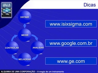 ALQUIMIA DE UMA CORPORAÇÃO – A magia de um treinamento
Dicas
MELHORAR
CONTROLAR
DEFINIR
MEDIR
ANALISAR
www.isixsigma.com
www.ge.com
www.google.com.br
 