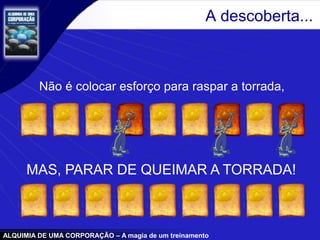 ALQUIMIA DE UMA CORPORAÇÃO – A magia de um treinamento
A descoberta...
Não é colocar esforço para raspar a torrada,
MAS, PARAR DE QUEIMAR A TORRADA!
 