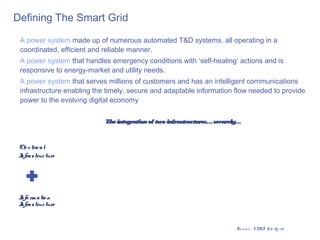 Defining The Smart Grid

 A power system made up of numerous automated T&D systems, all operating in a
 coordinated, efficient and reliable manner.
 A power system that handles emergency conditions with ‘self-healing’ actions and is
 responsive to energy-market and utility needs.
 A power system that serves millions of customers and has an intelligent communications
 infrastructure enabling the timely, secure and adaptable information flow needed to provide
 power to the evolving digital economy

                            The integration of two infrastructures… securely…



 Ele c tric a l
 I s truc ture
 nfra




 I rm a tio n
 nfo
 I s truc ture
 nfra


                                                                           So urc e : EPRI I llig rid
                                                                                         ®
                                                                                           nte
 