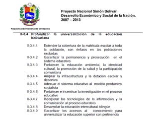 Proyecto Nacional Simón Bolívar
Desarrollo Económico y Social de la Nación.
2007 – 2013
 
