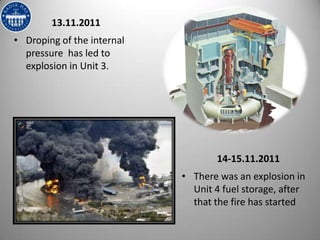 13.11.2011
• Droping of the internal
  pressure has led to
  explosion in Unit 3.




                                   14-15.11.2011
                            • There was an explosion in
                              Unit 4 fuel storage, after
                              that the fire has started
 
