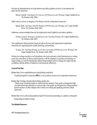 Provides an illustrated look at visual rhetoric and offers guidance on how to incorporate this
topic into the classroom.

       Moore, Jonelle. Teaching Civic Literacy (PH Resources for Writing). Upper Saddle River,
              NJ: Prentice Hall, 2006.

Offers advice on how to integrate civic literacy into the composition classroom.

       Spack, Ruth. Teaching with ESL Students (PH Resources for Writing), 4/E. Upper Saddle
               River, NJ: Prentice Hall, 2007.

Addresses various strategies that can be employed to teach English to non-native speakers.

       Troyka, Lynn Q. Strategies and Resources for Teaching Writing, 8/E. Upper Saddle River,
              NJ: Prentice Hall, 2007.

This supplement offers practical, hands-on advice for new and experienced composition
instructors for organizing their syllabi, planning, and teaching.

       Young, Art. Teaching Writing Across the Curriculum (PH Resources for Writing), 4/E.
              Upper Saddle River, NJ: Prentice Hall, 2006.

Written for college teachers in all disciplines, this book provides a brief introduction to writing
across the curriculum, its theory and its practice, with the emphasis on practice-on-teaching, on
using writing as a tool for learning the subject being studied, and as a strategy for improving the
confidence and the ability of students to communicate effectively.

General Web Sites

Go to: http://www.englishdiscourse.org/teaching.comp.html
    Teaching English Composition—this is an excellent resource for composition instructors

Go to: http://writing.colostate.edu/teaching_guides.cfm
    Think of our Teaching Guides as online texts for teachers. Each guide is designed to help
   you find information quickly on a given topic. Our guides are designed for writing teachers
   and for teachers of other subjects who want to use writing and speaking activities in their
   classrooms.


Go to: http://www.calvin.edu/academic/engl/101/tresources/responding_to_student_writing.htm
    Responding to student writing

Text-Related Resources



©ITT Educational Services, Inc.                                                                       3
                                                                                                      Composition I
                                                                                                         06/19/08
 