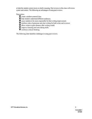 to help the student correct errors or clarify meaning. Peer reviews in this class will review
         syntax and context. The following are advantages of using peer reviews.

         Peer reviews
             • create a student-centered class.
             • help students understand different audiences.
             • cause students to be more responsible for their writing improvement.
             • reinforce rules of grammar and clear writing for both writer and reviewer.
             • allow writers to gain distance after writing a draft.
             • improve listening and note-taking skills.
             • reinforce critical thinking.
         The following chart identifies challenges in using peer reviews.




©ITT Educational Services, Inc.                                                                          9
                                                                                                         Composition I
                                                                                                            06/19/08
 