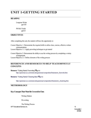 UNIT 1-GETTING STARTED
READING
         Longman Writer
               pp.15-35

         PH Ref. Guide
                pp.6-13

OBJECTIVES

After completing this unit, the student will have the opportunity to:

Course Objective 1: Demonstrate the required skills to utilize clear, concise, effective written
       communications.
Lesson Objective 1.1: Apply prewriting techniques to get started

Course Objective 2: Demonstrate the ability to use the writing process by completing a variety
       of assignments
Lesson Objective 2.1: Define elements of the writing process


REFERENCES AND RESOURCES TO HELP TEACH DIFFICULT
CONCEPTS

Resource: "Getting Started: Freewriting"—go to:
       http://grammar.ccc.commnet.edu/grammar/composition/brainstorm_freewrite.htm

Resource: "Getting Started: Clustering Ideas"—go to:

         http://grammar.ccc.commnet.edu/grammar/composition/brainstorm_clustering.htm

METHODOLOGY


Key Concepts That Must Be Covered in Class

                   Writing Matters

                   Pre-writing

                   The Writing Process
©ITT Educational Services, Inc.                                                                    13
                                                                                                   Composition I
                                                                                                      06/19/08
 