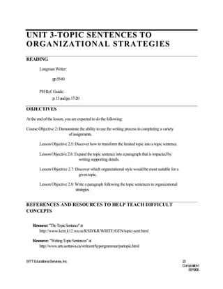 UNIT 3-TOPIC SENTENCES TO
ORGANIZATIONAL STRATEGIES
READING
         Longman Writer:

                   pp.55-60

         PH Ref. Guide:
                   p. 13 and pp. 17-20

OBJECTIVES
At the end of the lesson, you are expected to do the following:

Course Objective 2: Demonstrate the ability to use the writing process in completing a variety
                        of assignments.

         Lesson Objective 2.5: Discover how to transform the limited topic into a topic sentence.

         Lesson Objective 2.6: Expand the topic sentence into a paragraph that is impacted by
                                 writing supporting details.

         Lesson Objective 2.7: Discover which organizational style would be most suitable for a
                                 given topic.

         Lesson Objective 2.8: Write a paragraph following the topic sentences to organizational
                               strategies.


REFERENCES AND RESOURCES TO HELP TEACH DIFFICULT
CONCEPTS

    Resource: "The Topic Sentence" at
        http://www.kent.k12.wa.us/KSD/KR/WRITE/GEN/topic-sent.html

    Resource: "Writing Topic Sentences" at
       http://www.arts.uottawa.ca/writcent/hypergrammar/partopic.html


©ITT Educational Services, Inc.                                                                     23
                                                                                                    Composition I
                                                                                                       06/19/08
 