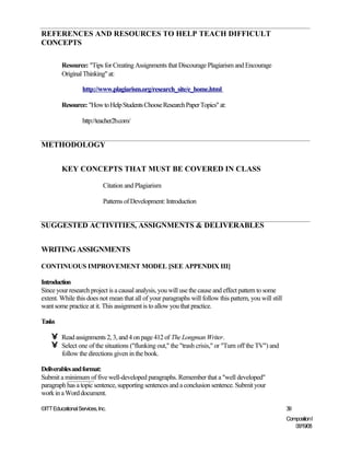 REFERENCES AND RESOURCES TO HELP TEACH DIFFICULT
CONCEPTS

         Resource: "Tips for Creating Assignments that Discourage Plagiarism and Encourage
         Original Thinking" at:

                   http://www.plagiarism.org/research_site/e_home.html

         Resource: "How to Help Students Choose Research Paper Topics" at:

                   http://teacher2b.com/


METHODOLOGY


         KEY CONCEPTS THAT MUST BE COVERED IN CLASS

                             Citation and Plagiarism

                             Patterns of Development: Introduction


SUGGESTED ACTIVITIES, ASSIGNMENTS & DELIVERABLES


WRITING ASSIGNMENTS

CONTINUOUS IMPROVEMENT MODEL [SEE APPENDIX III]

Introduction
Since your research project is a causal analysis, you will use the cause and effect pattern to some
extent. While this does not mean that all of your paragraphs will follow this pattern, you will still
want some practice at it. This assignment is to allow you that practice.

Tasks

    •    Read assignments 2, 3, and 4 on page 412 of The Longman Writer.
    •    Select one of the situations ("flunking out," the "trash crisis," or "Turn off the TV") and
         follow the directions given in the book.

Deliverables and format:
Submit a minimum of five well-developed paragraphs. Remember that a "well developed"
paragraph has a topic sentence, supporting sentences and a conclusion sentence. Submit your
work in a Word document.

©ITT Educational Services, Inc.                                                                         39
                                                                                                        Composition I
                                                                                                           06/19/08
 