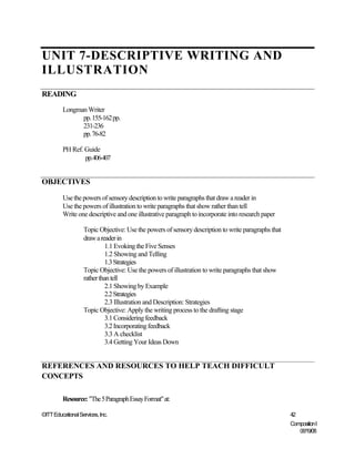 UNIT 7-DESCRIPTIVE WRITING AND
ILLUSTRATION
READING
         Longman Writer
               pp. 155-162 pp.
               231-236
               pp. 76-82

         PH Ref. Guide
                 pp.406-407


OBJECTIVES

         Use the powers of sensory description to write paragraphs that draw a reader in
         Use the powers of illustration to write paragraphs that show rather than tell
         Write one descriptive and one illustrative paragraph to incorporate into research paper

                   Topic Objective: Use the powers of sensory description to write paragraphs that
                   draw a reader in
                             1.1 Evoking the Five Senses
                             1.2 Showing and Telling
                             1.3 Strategies
                   Topic Objective: Use the powers of illustration to write paragraphs that show
                   rather than tell
                             2.1 Showing by Example
                             2.2 Strategies
                             2.3 Illustration and Description: Strategies
                   Topic Objective: Apply the writing process to the drafting stage
                             3.1 Considering feedback
                             3.2 Incorporating feedback
                             3.3 A checklist
                             3.4 Getting Your Ideas Down


REFERENCES AND RESOURCES TO HELP TEACH DIFFICULT
CONCEPTS

         Resource: "The 5 Paragraph Essay Format" at:

©ITT Educational Services, Inc.                                                                      42
                                                                                                     Composition I
                                                                                                        06/19/08
 