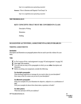 http://www.englishdiscourse.org/teaching.comp.html

         Resource: "How to Structure and Organize Your Essays" at:

                   http://www.englishdiscourse.org/teaching.comp.html


METHODOLOGY


         KEY CONCEPTS THAT MUST BE COVERED IN CLASS

                   Descriptive Writing

                   Illustration

                   Drafting



SUGGESTED ACTIVITIES, ASSIGNMENTS & DELIVERABLES

WRITING ASSIGNMENTS

Introduction
Description and illustration are paragraph patterns that are used to provide evidence for your
thesis.

Tasks

    •    In The Longman Writer, read assignment 6 on page 192 and assignment 1 on page 262.
    •    Select one of the situations.
    •    You will write an essay of five paragraphs in which you use either description and
         illustration.
    •    Before you doing your assignment, consider the following:

         For descriptive paragraphs:
         What dominant impression or message do you want to show in your description?
         How many of the five senses can you use in your description?

         For illustrative paragraphs:
         Will your examples for your illustration be objective, subjective or a combination of
         both?
         Will your examples be drawn from observation, experience or books?

         For either pattern:
         What tone and style will fit your audience?
©ITT Educational Services, Inc.                                                                  43
                                                                                                 Composition I
                                                                                                    06/19/08
 