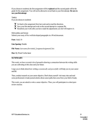 If you choose to resubmit, the first assignment will be replaced and the second grade will be the
grade for the assignment. You will not be allowed to revert back to your first attempt. Be sure to
save your first attempt.

Task(s):
If you do choose to resubmit:

    •    Go back to the assignment from last week and re-read the directions.
    •    Save your first attempt and work on the second attempt in a separate file.
    •    Resubmit your work after you have made the adjustments you feel will improve it.

Deliverables and format:
Submit your essay of five well-developed paragraphs in a Word document.

Font: Arial; 10

Line Spacing: Double

File Name: last-name-first-initial_LongmanAssignment2.doc

Due: By Week 9 at the latest

SUMMARY

This week, we have covered a lot of ground in drawing a connection between the writing skills
you are cultivating in this class and your future.

I urge you to think about how writing economically and powerfully will help you in your career
and life.

Then, conduct research on your career objective. Don't cheat yourself: visit many sites and read
some professional or trade journal articles about career paths that come from your field of study.

This week, you are asked to write a career objective. Then, you will participate in a short peer-
review exercise.




©ITT Educational Services, Inc.                                                                      51
                                                                                                     Composition I
                                                                                                        06/19/08
 