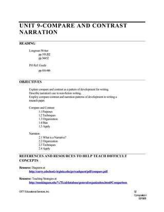 UNIT 9-COMPARE AND CONTRAST
NARRATION
READING
         Longman Writer
               pp.193-202
               pp.344-52

         PH Ref. Guide
                   pp.416-446


OBJECTIVES

         Explain compare and contrast as a pattern of development for writing.
         Describe narration's use in non-fiction writing.
         Employ compare-contrast and narration patterns of development in writing a
         research paper.

         Compare and Contrast
               1.1 Purposes
               1.2 Techniques
               1.3 Organization
               1.4 Bias
               1.5 Apply

         Narration
                 2.1 What is a Narrative?
                 2.2 Organization
                 2.3 Techniques
                 2.4 Apply

REFERENCES AND RESOURCES TO HELP TEACH DIFFICULT
CONCEPTS
Resource: Diagrams at:
       http://curry.edschool.virginia.edu/go/readquest/pdf/compare.pdf

Resource: Teaching Strategies at:
       http://muskingum.edu/%7Ecal/database/general/organization.html#Comparison

©ITT Educational Services, Inc.                                                       52
                                                                                      Composition I
                                                                                         06/19/08
 