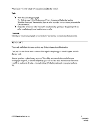What would you write to help new students succeed in this course?

Tasks

    •    Write the concluding paragraph.
         Tip: Refer to page 310 in The Longman Writer, the paragraph before the heading
         "Revision Strategies" for more directions on what is needed in a conclusion paragraph for
         a process analysis.
    •    Respond to at least one other classmate's conclusions by agreeing or disagreeing with his
         or her conclusion, giving at least two reasons why.

Deliverable
Submit your conclusion paragraph to your instructor and respond to at least one other classmate.


SUMMARY

This week, we looked at process writing, and the importance of good instruction.

Then, we took the time to break down the final steps in completing your research paper, which is
due next week.

By now, you have explored many aspects of the writing process and discovered what your
writing style might be, or become. Hopefully, you will take the skills practiced here forward in
your life to continue to develop a personal writing style that complements your career and your
life.




©ITT Educational Services, Inc.                                                                      61
                                                                                                     Composition I
                                                                                                        06/19/08
 