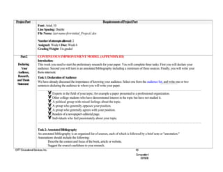 Project Part                                                              Requirements of Project Part
                     Font: Arial; 10
                     Line Spacing: Double
                     File Name: last-name-first-initial_Project1.doc

                     Number of attempts allowed: 2
                     Assigned: Week 6 Due: Week 6
                     Grading Weight: Un-graded

     Part 2          CONTINUOUS IMPROVEMENT MODEL (APPENDIX III)
                     Introduction:
  Declaring          This week you need to start the preliminary research for your paper. You will complete three tasks: First you will declare your
    Your             audience. Second you will turn in an annotated bibliography including a minimum of three sources. Finally, you will write your
 Audience,           thesis statement.
  Research,          Task 1: Declaration of Audience
 and Thesis          We have already discussed the importance of knowing your audience. Select one from the audience list, and write one or two
 Statement           sentences declaring the audience to whom you will write your paper.
                     ……………………………………………………………………………………………………………………………………….
                             • Experts in the field of your topic; for example a paper presented to a professional organization.
                             • Other college students who have demonstrated interest in the topic but have not studied it.
                             • A political group with mixed feelings about the topic.
                             • A group who generally opposes your position.
                             • A group who generally agrees with your position.
                             • Readers of a newspaper's editorial page.
                             • Individuals who feel passionately about your topic.
                     ……………………………………………………………………………………………………………………………………….

                     Task 2: Annotated Bibliography
                     An annotated bibliography is an organized list of sources, each of which is followed by a brief note or "annotation."
                     Annotations should include the following:
                             Describe the content and focus of the book, article or website.
                             Suggest the source's usefulness to your research.
©ITT Educational Services, Inc.                                                                      66
                                                                                                     CompositionI
                                                                                                        06/19/08
 