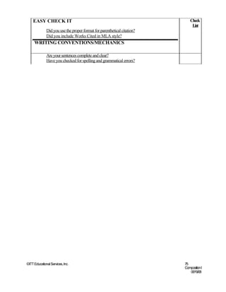 EASY CHECK IT                                                             Check
                                                                               List
              Did you use the proper format for parenthetical citation?
              Did you include Works Cited in MLA style?
     WRITING CONVENTIONS/MECHANICS

              Are your sentences complete and clear?
              Have you checked for spelling and grammatical errors?




©ITT Educational Services, Inc.                                           75
                                                                          Composition I
                                                                             06/19/08
 