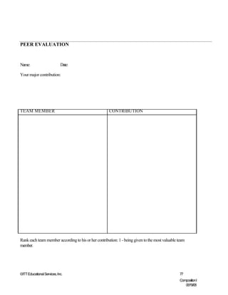 PEER EVALUATION



Name:                        Date:

Your major contribution:




TEAM MEMBER                                           CONTRIBUTION




Rank each team member according to his or her contribution: 1 - being given to the most valuable team
member.




©ITT Educational Services, Inc.                                                                   77
                                                                                                  CompositionI
                                                                                                     06/19/08
 