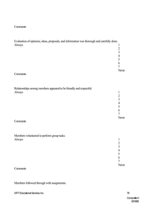 Comments



Evaluation of opinions, ideas, proposals, and information was thorough and carefully done.
Always                                                                                     1
                                                                                           2
                                                                                           3
                                                                                           4
                                                                                           5
                                                                                           6
                                                                                           7
                                                                                           Never
Comments



Relationships among members appeared to be friendly and respectful.
Always                                                                                    1
                                                                                          2
                                                                                          3
                                                                                          4
                                                                                          5
                                                                                          6
                                                                                          7
                                                                                          Never
Comments



Members volunteered to perform group tasks.
Always                                                                                    1
                                                                                          2
                                                                                          3
                                                                                          4
                                                                                          5
                                                                                          6
                                                                                          7
                                                                                          Never
Comments



Members followed through with assignments.


©ITT Educational Services, Inc.                                                                    79
                                                                                                   CompositionI
                                                                                                      06/19/08
 