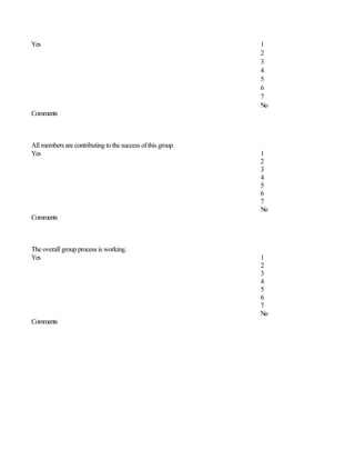 Yes                                                          1
                                                             2
                                                             3
                                                             4
                                                             5
                                                             6
                                                             7
                                                             No
Comments



All members are contributing to the success of this group.
Yes                                                          1
                                                             2
                                                             3
                                                             4
                                                             5
                                                             6
                                                             7
                                                             No
Comments



The overall group process is working.
Yes                                                          1
                                                             2
                                                             3
                                                             4
                                                             5
                                                             6
                                                             7
                                                             No
Comments
 