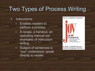Two Types of Process Writing
1. Instructions:
– Enables readers to
perform a process
– A recipe, a handout, an
operating manual are
examples of instruction
writing.
– Subject of sentences is
“you” understood; speak
directly to reader.
 