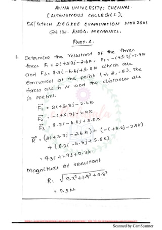 Ge 131 engineering mechanics anna university november december 2001 ...