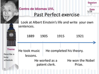 5
Describe a
busy
schedule
Past Perfect exercise
Look at Albert Einstein’s life and write your own
sentences.
1889 1905 1915 1921
He took music He completed his theory.
lessons.
He worked as a He won the Nobel
patent clerk. Prize.
5/28