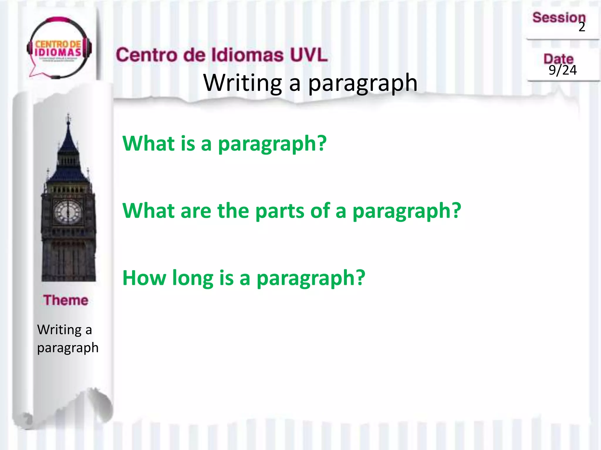 2
9/24
Writing a paragraph
What is a paragraph?
What are the parts of a paragraph?
How long is a paragraph?
Writing a
paragraph
 