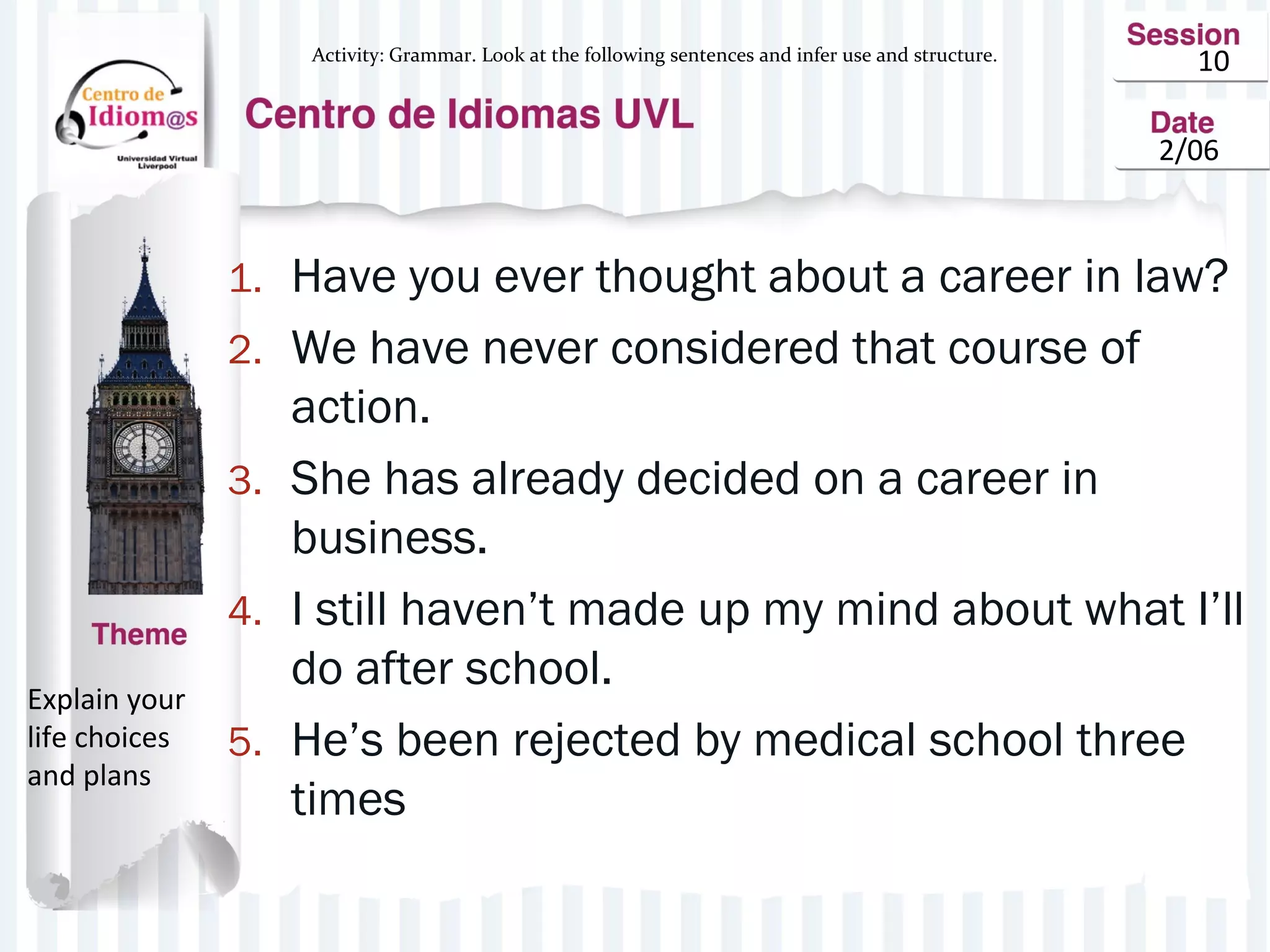 10
2/06
1. Have you ever thought about a career in law?
2. We have never considered that course of
action.
3. She has already decided on a career in
business.
4. I still haven’t made up my mind about what I’ll
do after school.
5. He’s been rejected by medical school three
times
Explain your
life choices
and plans
Activity: Grammar. Look at the following sentences and infer use and structure.
 