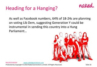 Heading for a Hanging?	As well as Facebook numbers, 64% of 18-24s are planning on voting Lib Dem, suggesting Generation Y could be instrumental in sending this country into a Hung Parliamentݺߣ 10#GE2010 #GENY	www.nakedgenerations.comProtected by Copyright ? 2010 Naked Generations Limited. All Rights Reserved. 
