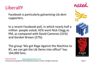 LiberallY	Facebook is particularly galvanising Lib dem supporters.	In a recent Facebook poll, in which nearly half a million  people voted, 42% want Nick Clegg as PM, as compared with David Cameron (31%) and Gordon Brown (27%).	The group We got Rage Against the Machine to #1, we can get the Lib Dems into office! has 164,000 fans.ݺߣ 6#GE2010 #GENY	www.nakedgenerations.comProtected by Copyright ? 2010 Naked Generations Limited. All Rights Reserved. 