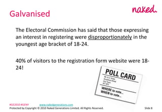 Galvanised	The Electoral Commission has said that those expressing an interest in registering were disproportionately in the youngest age bracket of 18-24.	40% of visitors to the registration form website were 18-24!ݺߣ 8#GE2010 #GENY	www.nakedgenerations.comProtected by Copyright ? 2010 Naked Generations Limited. All Rights Reserved. 