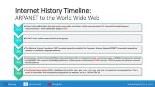 Internet History Timeline:
ARPANET to the World Wide Web
1974
• Vinton Cerf and Bob Kahn (the duo said by many to be the Fathers of the Internet) publish "A Protocol for Packet Network
Interconnection," which details the design of TCP.
1979
• USENET forms to host news and discussion groups.
1981
• The National Science Foundation (NSF) provided a grant to establish the Computer Science Network (CSNET) to provide networking
services to university computer scientists.
1982
• Transmission Control Protocol (TCP) and Internet Protocol (IP), as the protocol suite, commonly known as TCP/IP, emerge as the protocol
for ARPANET. This results in the fledgling definition of the Internet as connected TCP/IP internets. TCP/IP remains the standard protocol
for the Internet.
1983
• The Domain Name System (DNS) establishes the familiar .edu, .gov, .com, .mil, .org, .net, and .int system for naming websites. This is
easier to remember than the previous designation for websites, such as 123.456.789.10.
www.livescience.comajGoong ajarnSukanya Goong Ben
 