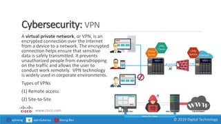 Cybersecurity: VPN
www.cisco.com
A virtual private network, or VPN, is an
encrypted connection over the Internet
from a device to a network. The encrypted
connection helps ensure that sensitive
data is safely transmitted. It prevents
unauthorized people from eavesdropping
on the traffic and allows the user to
conduct work remotely. VPN technology
is widely used in corporate environments.
Types of VPNs
(1) Remote access
(2) Site-to-Site
ajGoong ajarnSukanya Goong Ben © 2019 Digital Technology
 