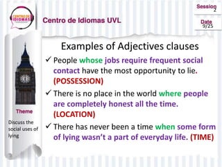 2
9/25
Examples of Adjectives clauses
 People whose jobs require frequent social
contact have the most opportunity to lie.
(POSSESSION)
 There is no place in the world where people
are completely honest all the time.
(LOCATION)
 There has never been a time when some form
of lying wasn’t a part of everyday life. (TIME)
Discuss the
social uses of
lying
 