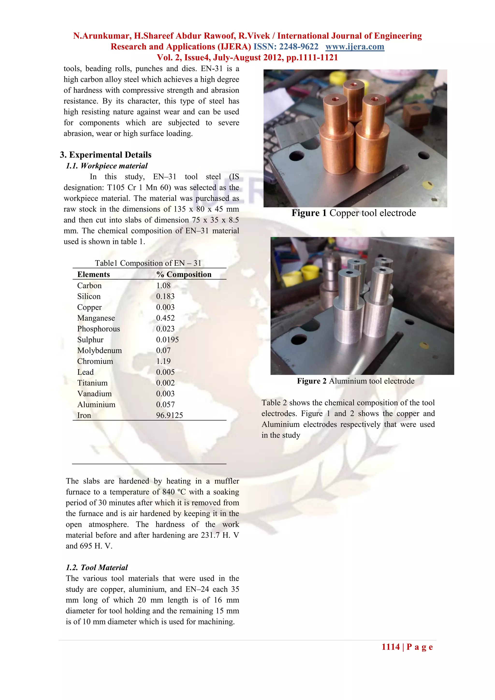N.Arunkumar, H.Shareef Abdur Rawoof, R.Vivek / International Journal of Engineering
           Research and Applications (IJERA) ISSN: 2248-9622 www.ijera.com
                      Vol. 2, Issue4, July-August 2012, pp.1111-1121
tools, beading rolls, punches and dies. EN-31 is a
high carbon alloy steel which achieves a high degree
of hardness with compressive strength and abrasion
resistance. By its character, this type of steel has
high resisting nature against wear and can be used
for components which are subjected to severe
abrasion, wear or high surface loading.

3. Experimental Details
 1.1. Workpiece material
        In this study, EN–31 tool steel (IS
designation: T105 Cr 1 Mn 60) was selected as the
workpiece material. The material was purchased as
raw stock in the dimensions of 135 x 80 x 45 mm
                                                                Figure 1 Copper tool electrode
and then cut into slabs of dimension 75 x 35 x 8.5
mm. The chemical composition of EN–31 material
used is shown in table 1.

          Table1 Composition of EN – 31
    Elements              % Composition
    Carbon                1.08
    Silicon               0.183
    Copper                0.003
    Manganese             0.452
    Phosphorous           0.023
    Sulphur               0.0195
    Molybdenum            0.07
    Chromium              1.19
    Lead                  0.005
    Titanium              0.002                                   Figure 2 Aluminium tool electrode
    Vanadium              0.003
    Aluminium             0.057                         Table 2 shows the chemical composition of the tool
    Iron                  96.9125                       electrodes. Figure 1 and 2 shows the copper and
                                                        Aluminium electrodes respectively that were used
                                                        in the study




 The slabs are hardened by heating in a muffler
 furnace to a temperature of 840 ºC with a soaking
 period of 30 minutes after which it is removed from
 the furnace and is air hardened by keeping it in the
 open atmosphere. The hardness of the work
 material before and after hardening are 231.7 H. V
 and 695 H. V.

 1.2. Tool Material
 The various tool materials that were used in the
 study are copper, aluminium, and EN–24 each 35
 mm long of which 20 mm length is of 16 mm
 diameter for tool holding and the remaining 15 mm
 is of 10 mm diameter which is used for machining.


                                                                                          1114 | P a g e
 
